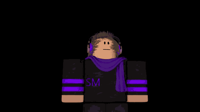 a person wearing headphones and a purple scarf with sm on the front