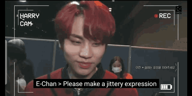 a young man with red hair is being recorded by a camera with the words e-chan please make a jittery expression