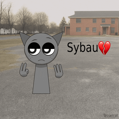 a cartoon cat is standing in front of a building with sybau written on the ground