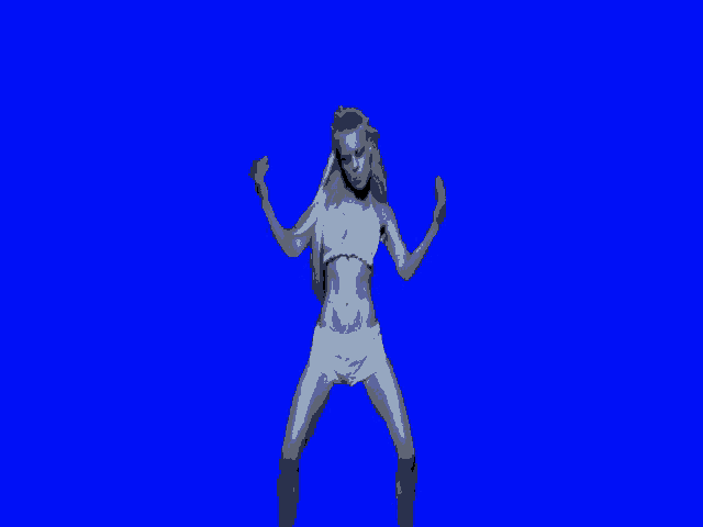a woman in a white bra and white shorts is dancing on a blue screen