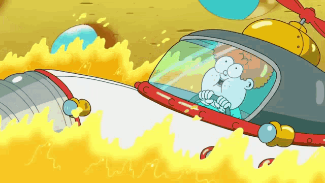 a cartoon character driving a car with the letter c on it