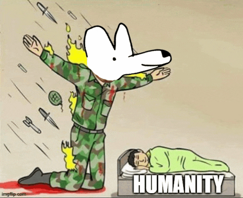 a cartoon of a soldier kneeling in front of a sleeping man with the word humanity written on the bottom