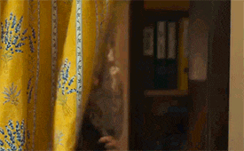 a woman is standing behind a yellow curtain .