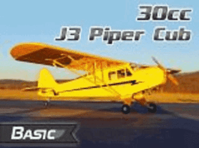 a yellow j3 piper cub plane is sitting on the runway