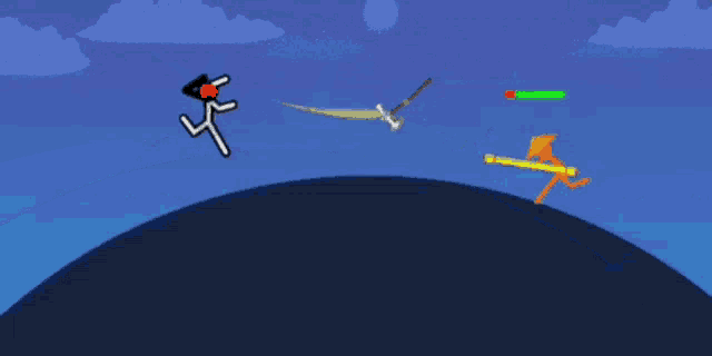 a cartoon drawing of a man holding a sword and another man holding a stick