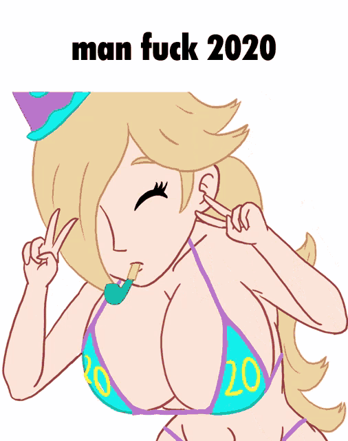 a cartoon of a woman blowing a party horn with the words man fuck 2020 below her