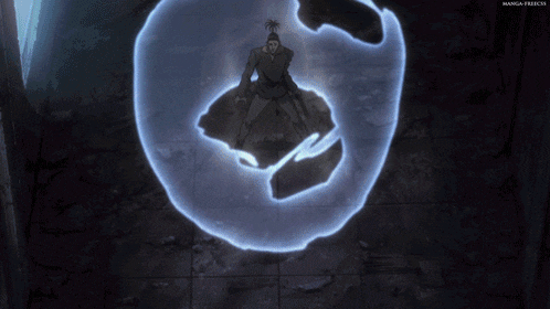 a man is surrounded by a blue sphere that says manga bleach on the top
