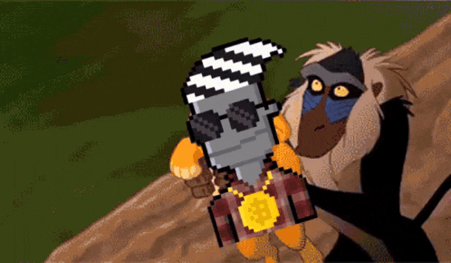 a pixel art of a monkey holding a man with sunglasses and a gold chain around his neck