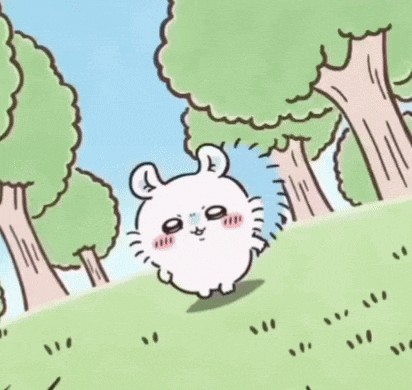 a cartoon hamster is standing in the grass in a field .