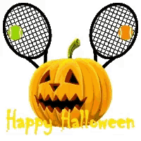 a halloween pumpkin with tennis rackets behind it