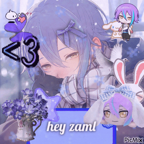 a picture of a girl with purple hair and the words hey zam on the bottom