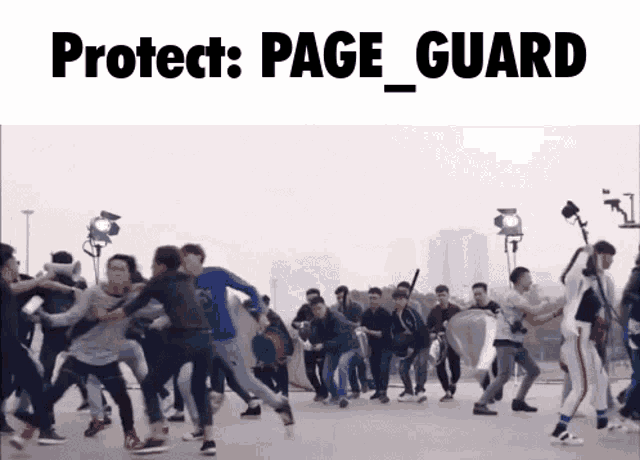 a group of people are fighting and the words protect page guard are above them