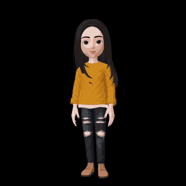 a cartoon girl in a yellow sweater and ripped jeans is pointing up