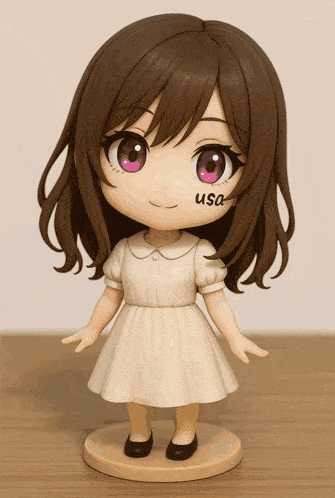 a figurine of a girl with the word usa on her face