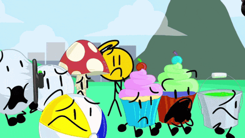 a group of cartoon characters including a beach ball cupcakes and a mushroom