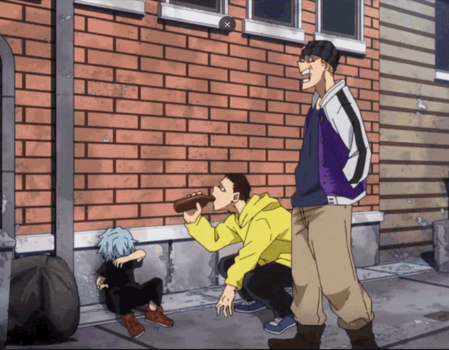 a man in a yellow hoodie drinks from a bottle while a man in a purple jacket looks on