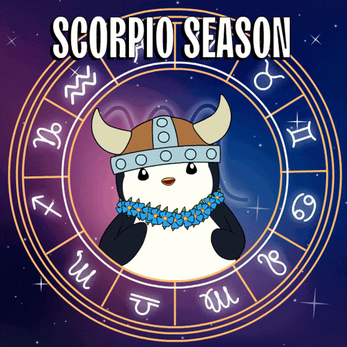 an illustration of a penguin wearing a viking helmet with the words scorpio season