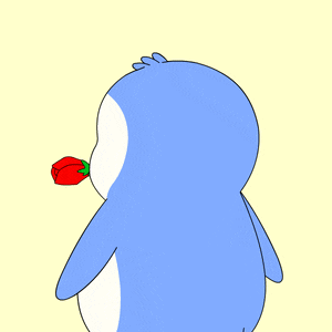 a blue penguin with a red rose in its mouth