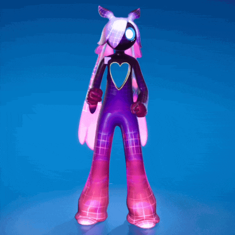 a purple and pink cartoon character with a heart on her chest