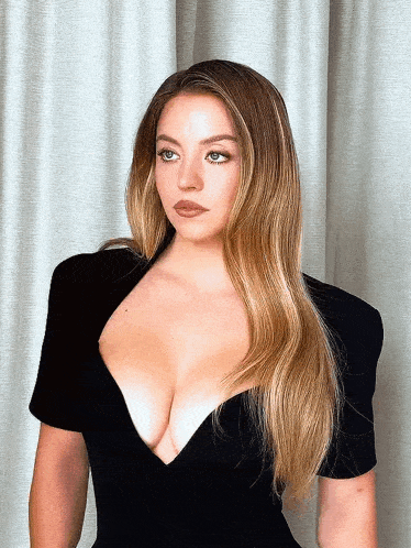 a woman in a black dress with a plunging neckline looks at the camera