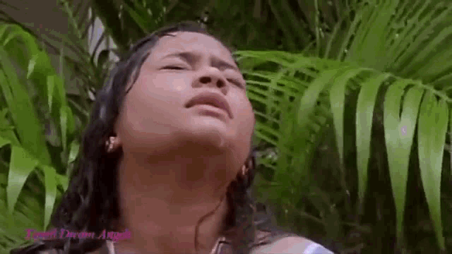 a woman is standing in front of a palm tree .