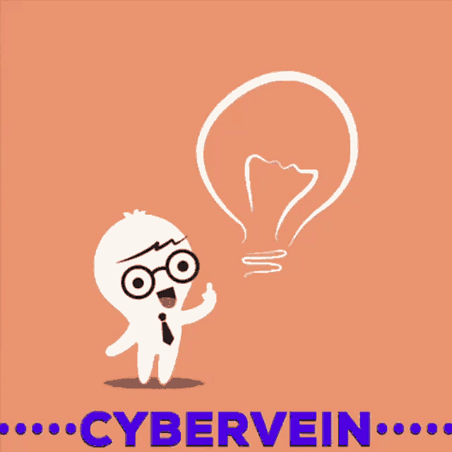 a cartoon character is standing next to a light bulb and the word cybervein is below him