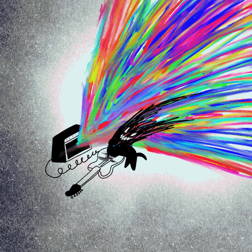 a drawing of a person playing a guitar with a rainbow coming out of it