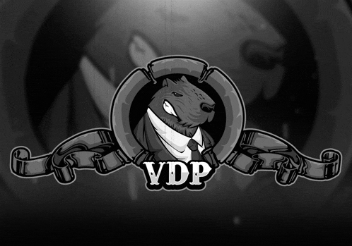a black and white logo for vdp shows a wolf in a suit and tie