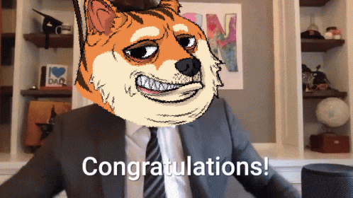 a man in a suit and tie with a dog on his head and the words congratulations