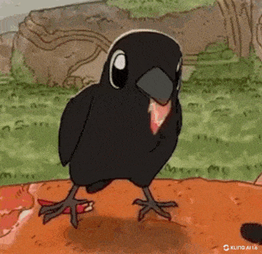 a cartoon bird with a bloody beak is standing on a dirt ground .