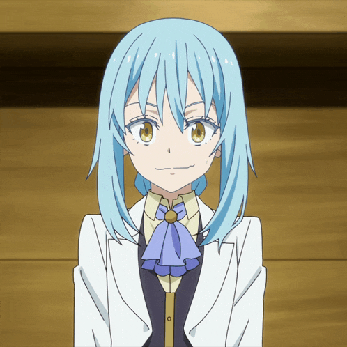 a blue haired anime character wearing a white jacket and a blue bow tie