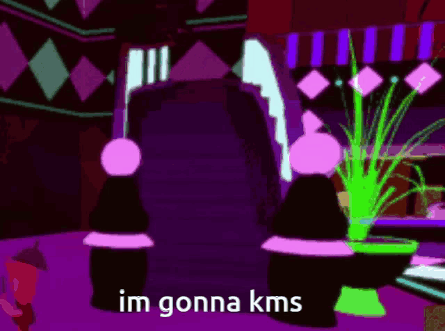 two cartoon characters are standing next to each other in a dark room with the words im gonna kms written on the bottom .