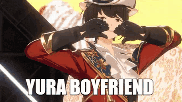 a cartoon character with the words yura boyfriend on the bottom right