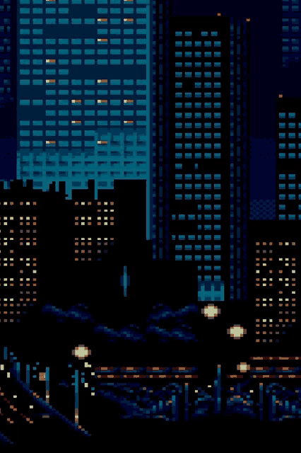 a pixel art illustration of a city at night