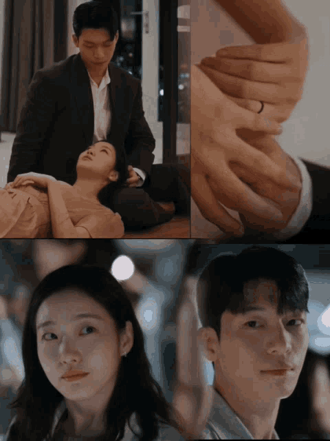 a man in a suit holds a woman 's hand in a collage of photos