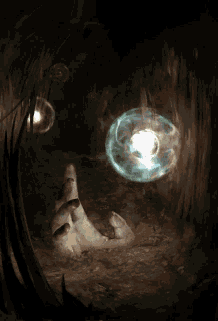 a painting of a hand reaching towards a light