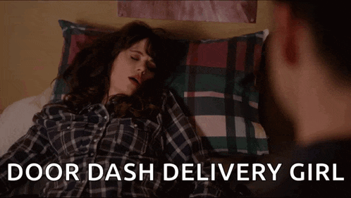a woman in a plaid shirt is laying on a bed with the words " door dash delivery girl " below her