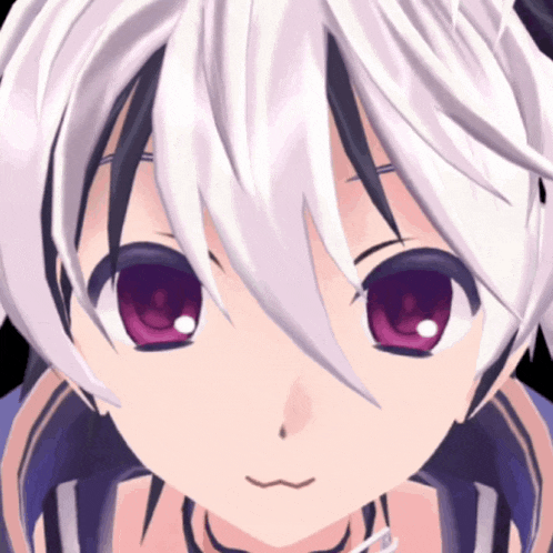 a close up of a girl 's face with white hair and purple eyes