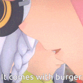 a close up of a person with the words it comes with burger