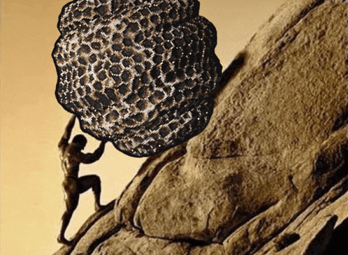 a man pushing a large rock up a mountain