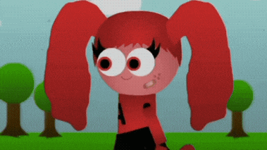 a cartoon character with red hair and big eyes is standing in a field with trees in the background
