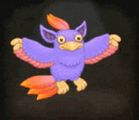 a purple bird with orange wings is flying in the dark .