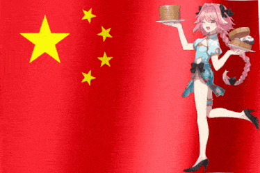 a girl holding a tray of food in front of a flag
