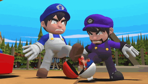 two cartoon characters are fighting each other in a video game .