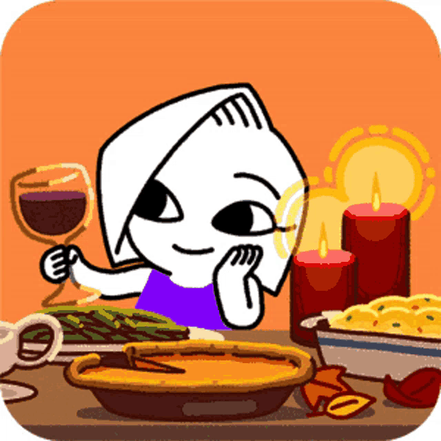 a cartoon character is sitting at a table with candles and food