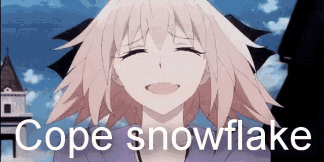 a girl with pink hair is smiling with the words cope snowflake behind her