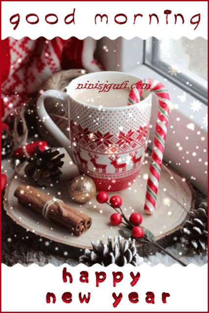 a good morning and happy new year greeting card with a cup of coffee