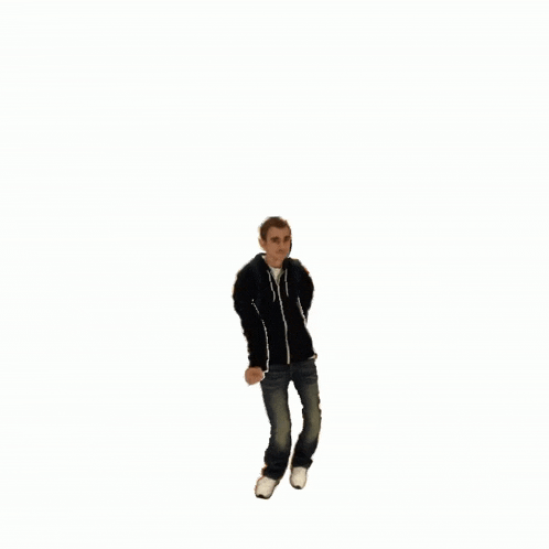a man in a black jacket is jumping in the air with his arms outstretched