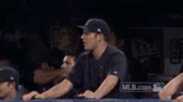 a group of people are watching a baseball game and one of them is holding up his arms .