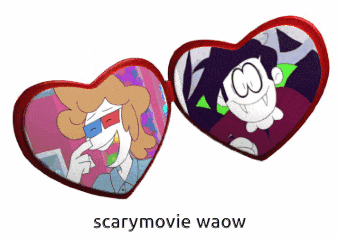 a pair of heart shaped sunglasses with cartoon characters on them